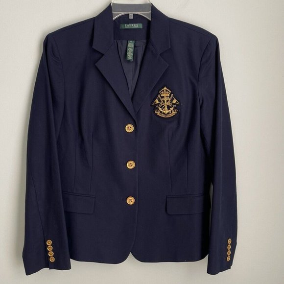 Lauren Ralph Lauren Navy Blue Jacket Blazer Crest Women's - Picture 1 of 7